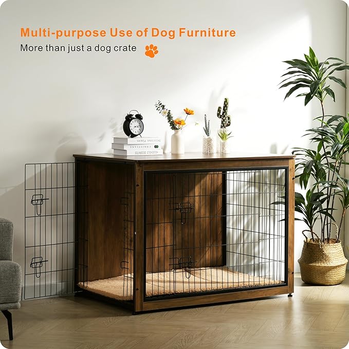 DWANTON Dog Crate Furniture with Cushion, XL Wooden Dog Crate with Double Doors, Large Dog Crate Furniture, Dog Kennel Indoor, Dog House, Extra Large, 43.3" L, Warm Brown