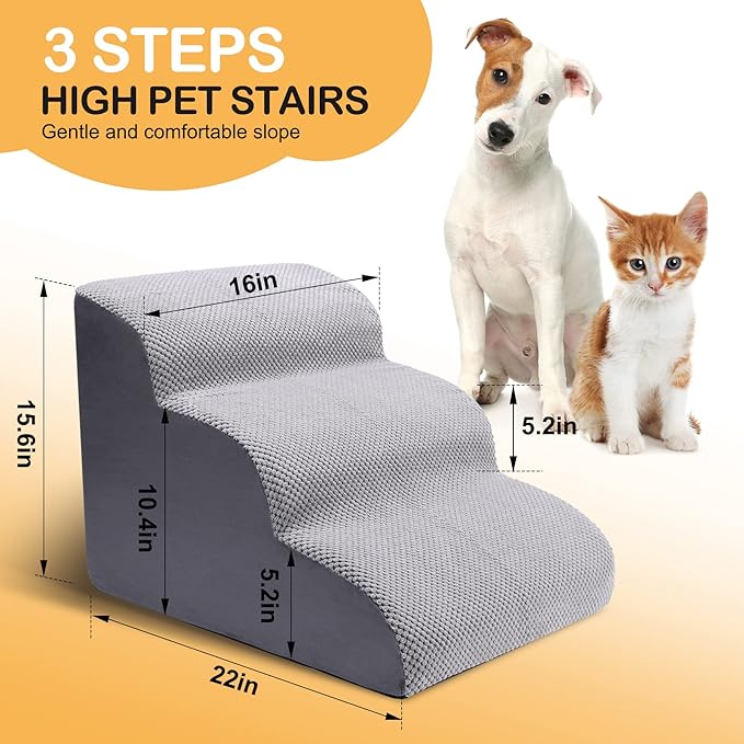 3 Tier Dog Ramp for Couch, Non-Slip Pet Stairs, Extra Wide Deep Dog Steps, 15.7" High Sofa Foam Dog Stairs/Puppy Stairs/Dog Ladder - Best for Small Pets, Older Dogs, Cats with Joint Pain