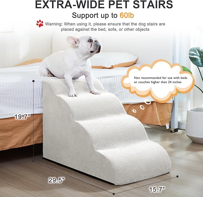 Dog Stairs Ramps for Small/Medium Dogs to Beds and Couch Up to 24'', 4-Step Dog Steps with Sturdy High-Density Foam, Pet Stairs with Non-Slip Bottom for Puppy and Cat, with Hair Remover Roller, White