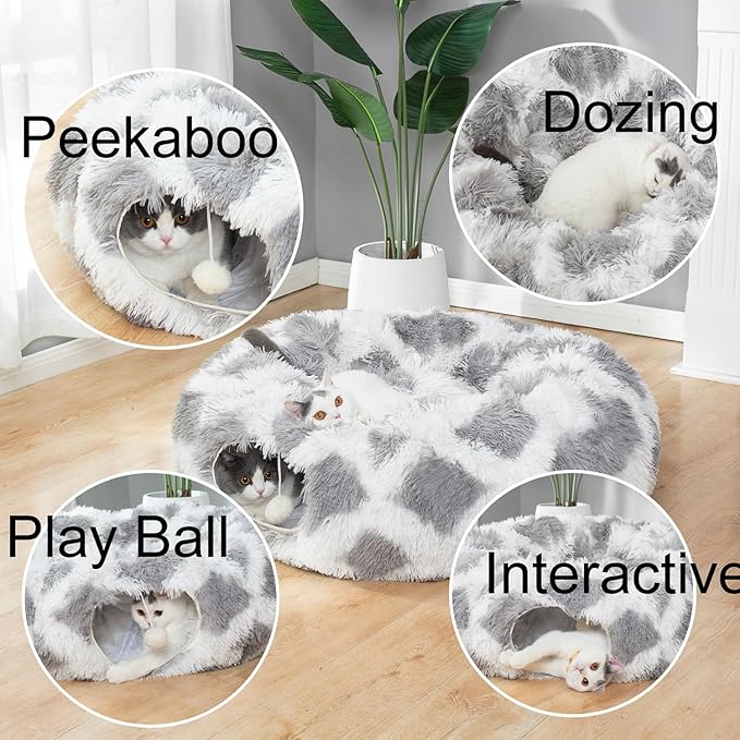 LUCKITTY Warm Fluffy Plush Cat Dog Tunnel Bed with Washable Cushion- Big Tube Playground Toys 3 FT Diameter Collapsible, for Indoor Cat Kitty Kitten Puppy Rabbit Ferret Gray-White Diamond Pattern