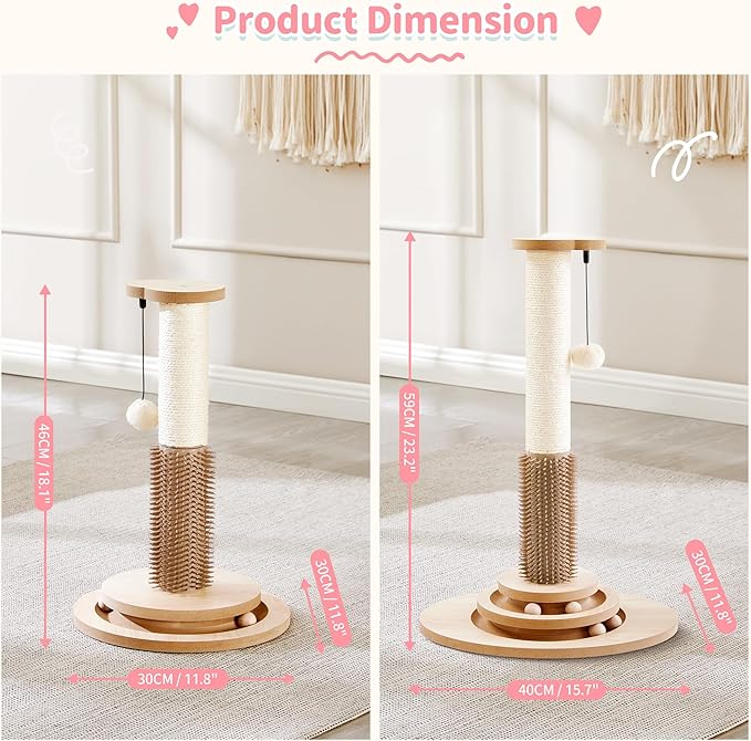 Made4Pets Cat Scratching Post, 23" Tall Sisal Scratcher Post with Cat Self Groomer, 4-in-1 Interactive Trackball Toys with Cat Hair Brush, Vertical Cat Climbing Tree with Dangling Plush Balls