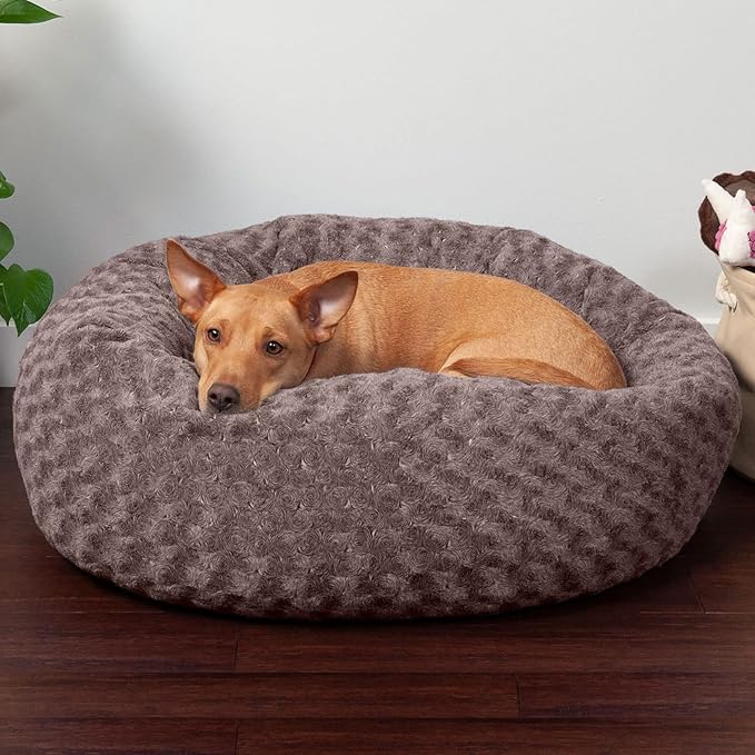 Furhaven 30" Round Donut Dog Bed for Medium/Small Dogs, Refillable w/ Removable Washable Cover, For Dogs Up to 45 lbs - Curly Faux Fur Donut Bed - Cocoa Dust, Medium