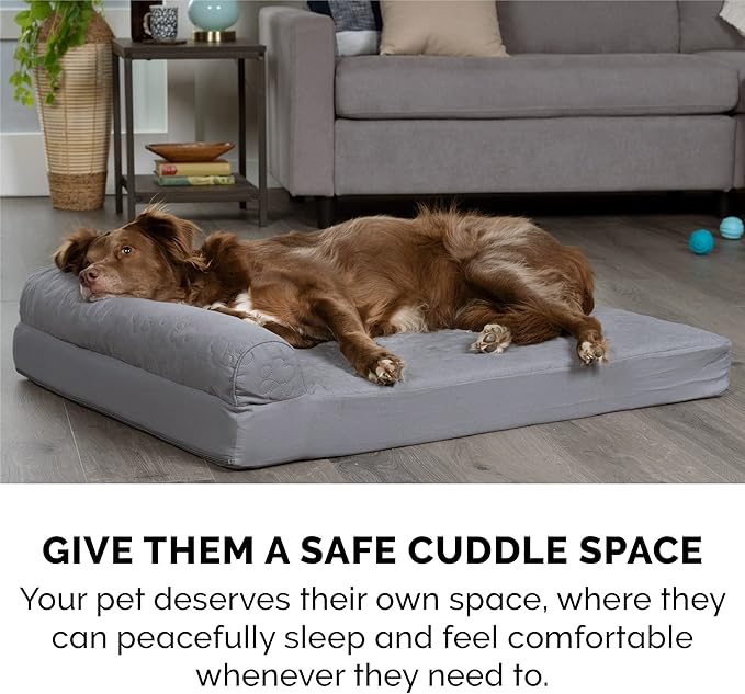 Furhaven Memory Foam Dog Bed for Large Dogs w/ Removable Bolsters & Washable Cover, For Dogs Up to 95 lbs - Pinsonic Quilted Paw L Shaped Chaise - Titanium, Jumbo/XL