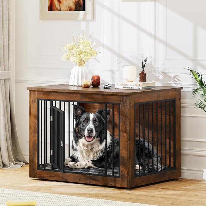 YITAHOME Dog Crate Furniture for Large Dogs, Side End Table, Modern Dogs Kennel Indoor up to 60 lb, 2-in-1 Iron-Wood Fusion Dog Cage with Waterproof Top, Safety Corners, Steel Lock,38"L, Rustic Brown