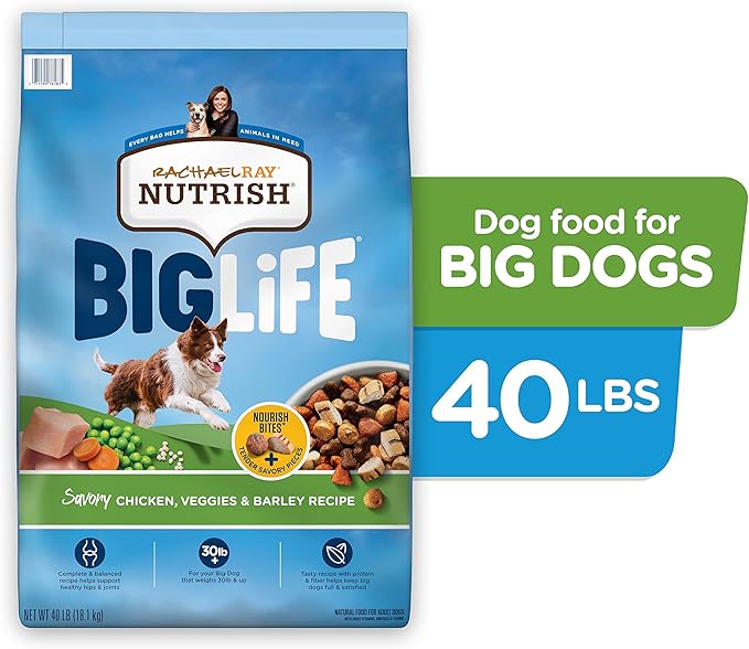 Rachael Ray Nutrish Big Life Dry Dog Food, Medium & Large Breed, Savory Chicken, Barley & Veggies, 40 Pounds