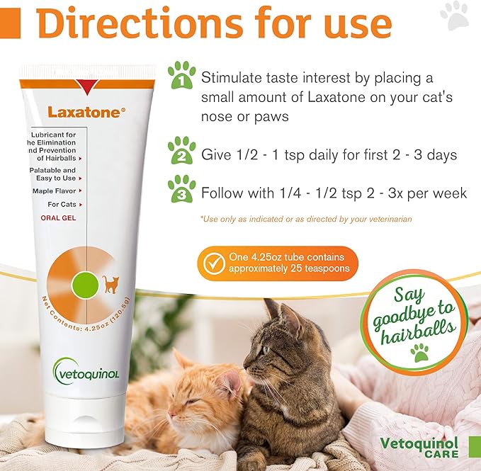 Vetoquinol Laxatone: Oral Hairball Lubricant Gel for Cats – Maple Flavored, 4.25oz 2 Pack