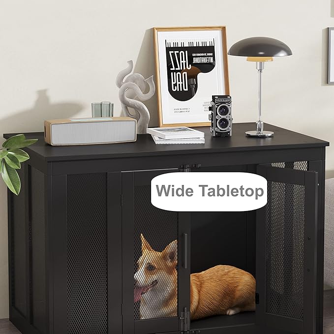 Irontar End Table Dog Crate Furniture for Small to Large Dogs, Wooden Dog Kennel with Cushion, Double-Door Dog House, Black MGW001H