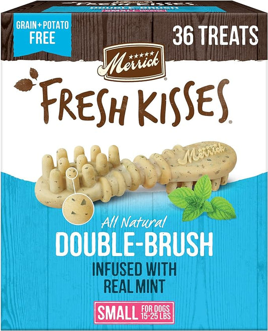 Merrick Fresh Kisses Natural Dental Chews, Toothbrush Treat Shape Infused With Real Mint, Small Dogs 15-25 Lbs - 36 ct. Box