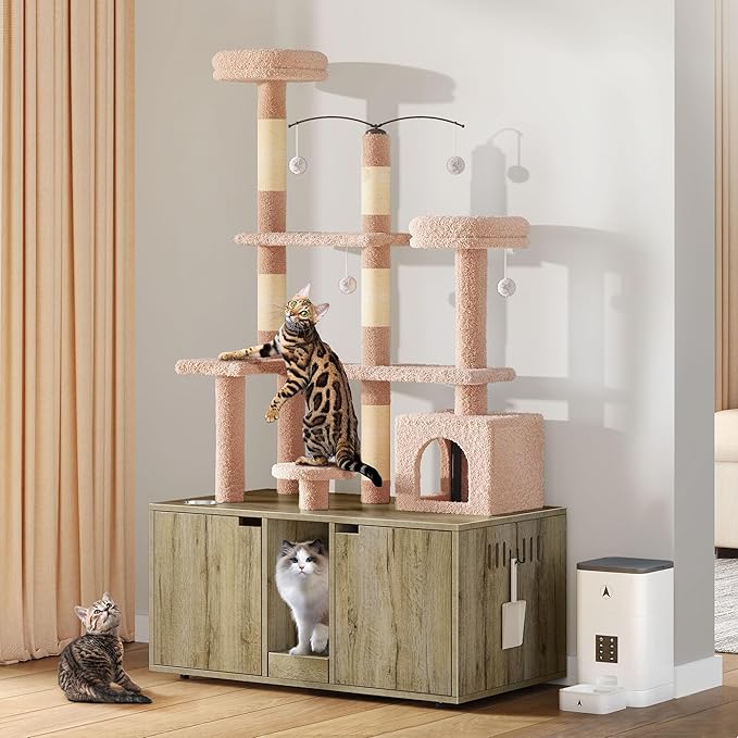 YITAHOME 71 Inch Cat Tree with Double Cat Litter Box Enclosure, Litter Box Furniture Hidden for 2 Cats, All-in-one Litter Box Furniture with Cat Tower Condo Food Station and Large Platform, Oak