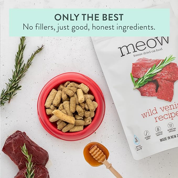 Meow Wild Venison Freeze Dried Raw Cat Food, Mixer, or Topper, or Treat - High Protein, Natural, Limited Ingredient Recipe 1.76 oz