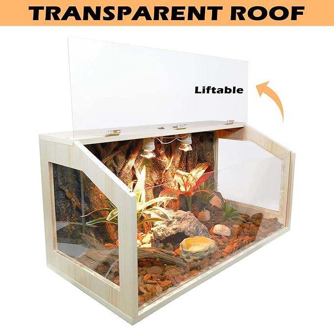 Reptile Terrarium, Lizard Tank Up to 68 Gallons, Bearded Dragon Tank with Roof Door, Snake Tank with Built-in Lamp Fixture and Switch (28 Gallon, 32" Long, Openable Wood Roof)