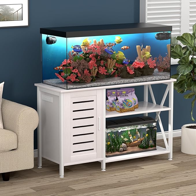 55-75 Gallon Fish Tank Stand, Aquarium Stand with Power Outlets and Cabinet for Fish Tank Accessories Storage, Heavy Duty Metal Frame, 52" L*19.68" W Tabletop, 1200LBS Capacity, White PG05YGW