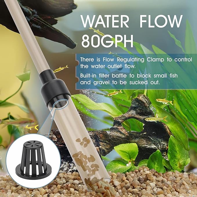 hygger Small Gravel Vacuum for Aquarium, Manual 80GPH Aquarium Gravel Cleaner Low Water Level Water Changer Fish Tank Cleaner with Pinch or Grip Run in Seconds Suction Ball Adjustable Length