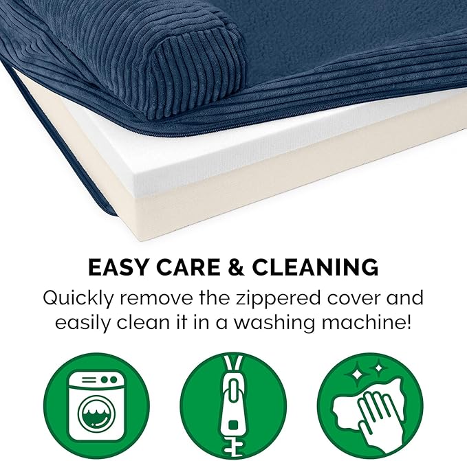 Furhaven Memory Foam Dog Bed for Large Dogs w/ Removable Bolster & Washable Cover, For Dogs UP to 125 lbs - Fleece & Corduroy Bolster Chaise - Navy, Jumbo Plus/XXL
