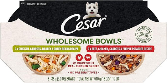 CESAR WHOLESOME BOWLS Adult Soft Wet Dog Food, Chicken, Carrots, Barley & Green Beans Recipe and Beef, Chicken, Purple Potatoes & Carrots Recipe Variety Pack, 3oz., Pack of 6