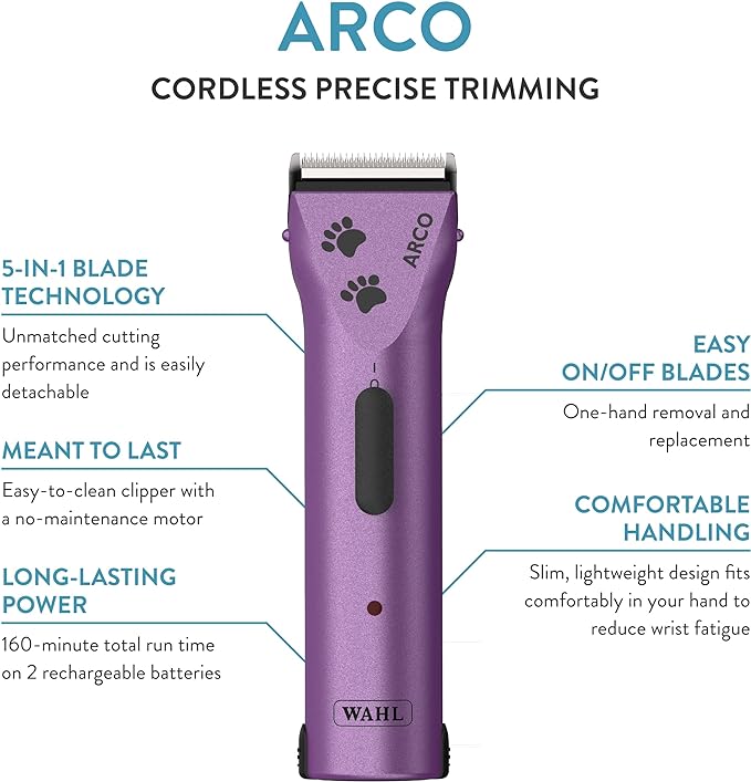 Wahl Professional Animal Arco Pet, Dog, Cat, and Horse Cordless Clipper Kit, Purple (8786-1001)