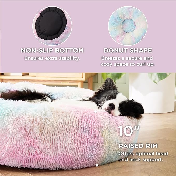 Bedsure Calming Dog Bed for Large Dogs - Donut Washable Large Pet Bed, Anti-Slip Round Fluffy Plush Faux Fur Dog Bed, Fits up to 100 lbs Pets, Multi-colored, 36 inches