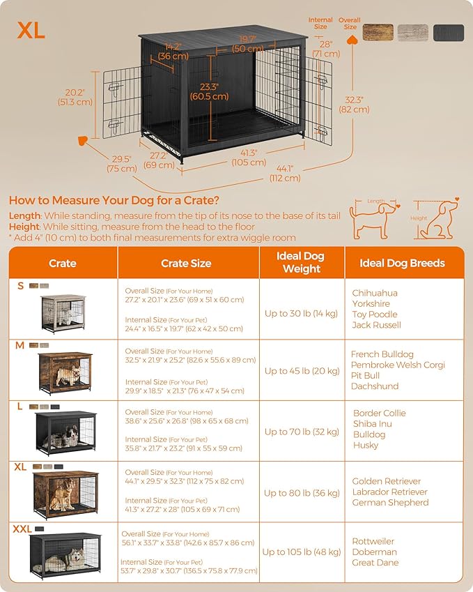 Feandrea Dog Crate Furniture, Side End Table, Modern Kennel for Dogs Indoor up to 80 lb, Heavy-Duty Dog Cage with Multi-Purpose Removable Tray, Double-Door Dog House, Ink Black UPFC004B01