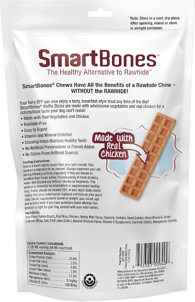 SmartBones Bake Shop Waffle Sticks Made with Real Chicken and Vegetables,Treat Your Dog to Rawhide-Free Chews, 4 Count