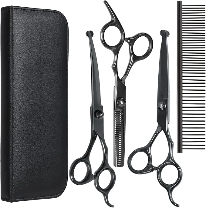 Dog Grooming Scissors, Maxshop Heavy Duty Titanium Pet Grooming Trimmer Kit, Professional Thinning Shears, Curved Scissors with Comb for Dogs and Cats (Black Set of 4)