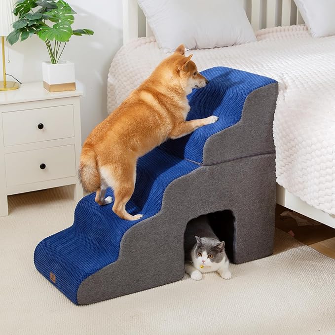 Dog Stairs Ramp for High Beds and Couch,Curved Dog Steps for Small Dogs and Cats Pet Stairs Non-Slip Balanced Portable Pet Step Indoor, 5 Steps,Navy Blue