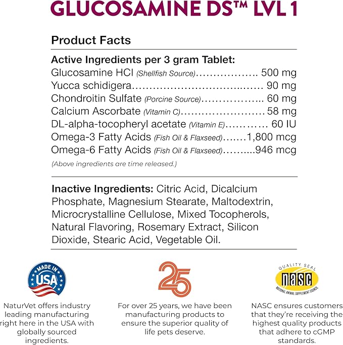 NaturVet Glucosamine DS Level 1 Maintenance Care Hip & Joint Support Pet Supplement for Dogs & Cats –Glucosamine, Chondroitin, Antioxidants –Supports Cartilage, Joint Function – 60 Ct.