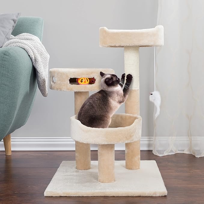 Cat Tree - 3-Tier Tall Cat Tower Condo with 2 Napping Perches, Sisal Rope Scratching Post, Hanging Mouse and Interactive Wheel Toy by PETMAKER (Beige), 27.5"