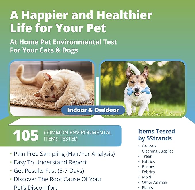 5Strands Pet Environmental Intolerance Test, 105 Items Tested, at Home Sensitivity Test for Dogs & Cats, Results in 7 Days, Works for All Ages & Breeds - Fabrics, Grass, Trees, Wool, Pollen