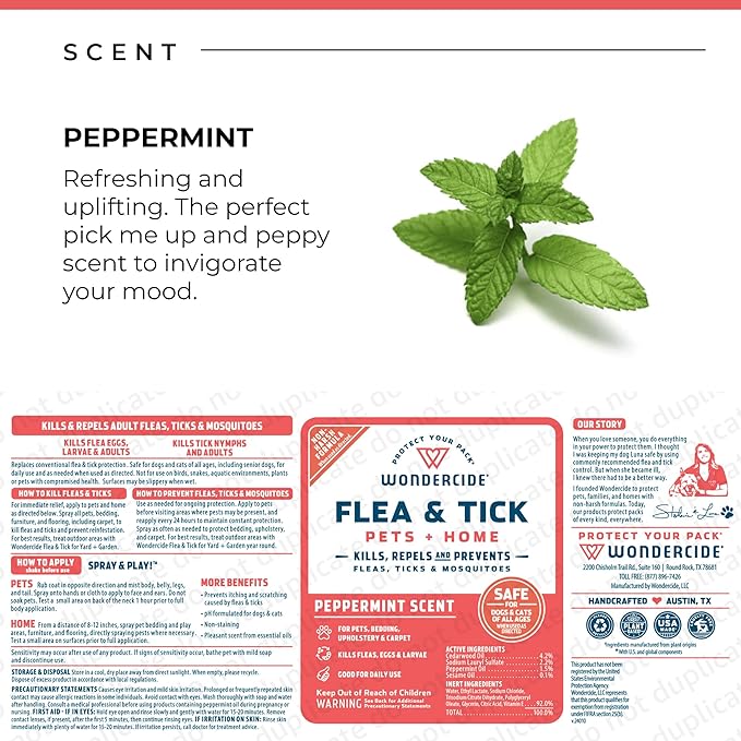 Wondercide - Flea, Tick & Mosquito Spray for Dogs, Cats, and Home - Flea and Tick Killer, Control, Prevention, Treatment - with Natural Essential Oils - Pet and Family Safe - Peppermint 32 oz