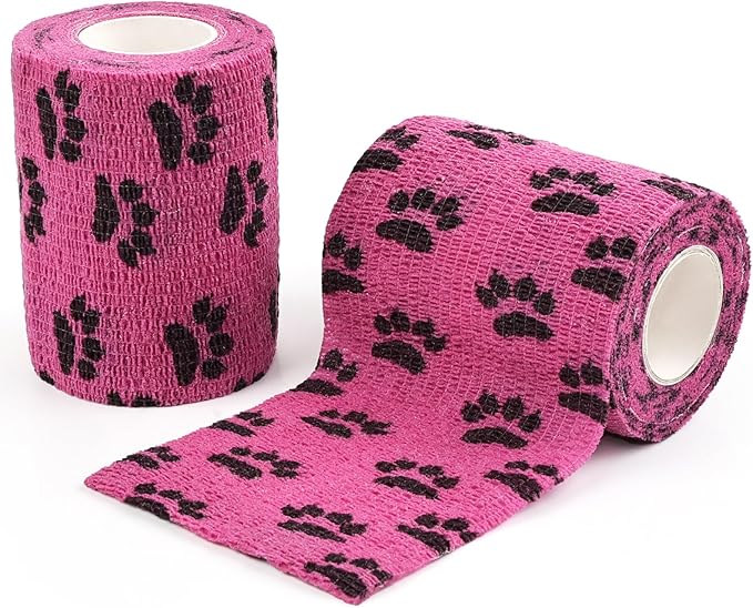 AUPCON Vet Wrap Cohesive Bandages Bulk Self Adhesive Bandage Wrap Self Adherent Wrap Non-Woven for Dogs Pet Animals & Ankle Sprains & Swelling 3 Inch x 5 Yards (2 Pack Pink Paws)