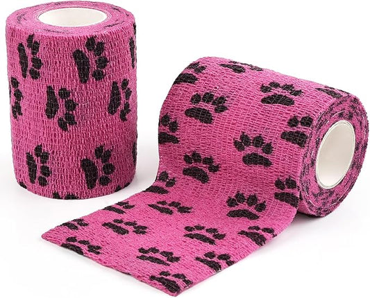AUPCON Vet Wrap Cohesive Bandages Bulk Self Adhesive Bandage Wrap Self Adherent Wrap Non-Woven for Dogs Pet Animals & Ankle Sprains & Swelling 3 Inch x 5 Yards (2 Pack Pink Paws)