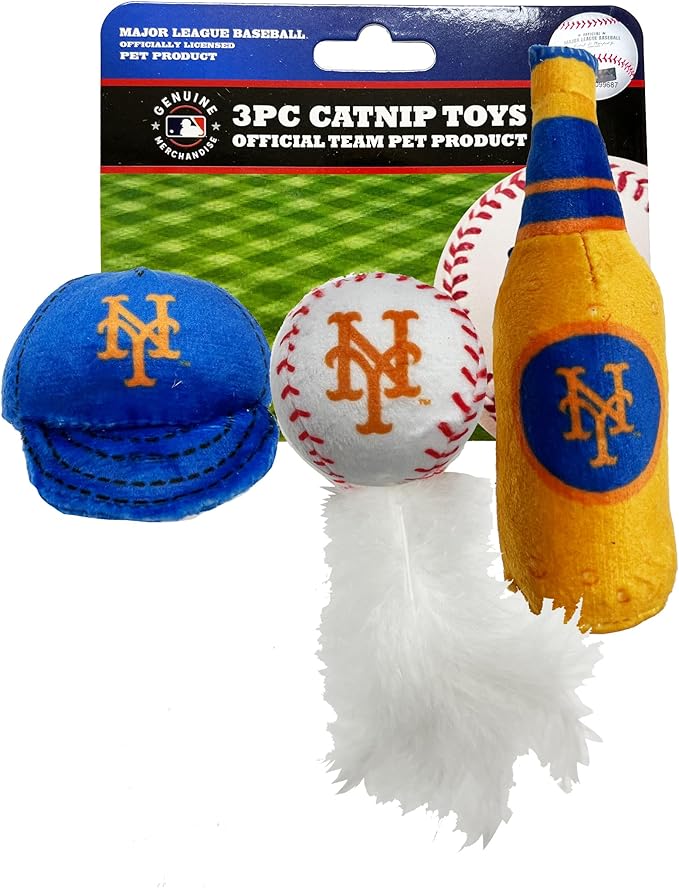 BEST PLUSH CAT TOY - MLB NEW YORK METS Complete Set of 3 piece Cat Toys filed with Fresh Catnip. Incld: 1 Baseball Cap Cat Toy, 1 Baseball Cat Toy with Feathers, & 1 Beer Bottle. Beautiful Team LOGOS