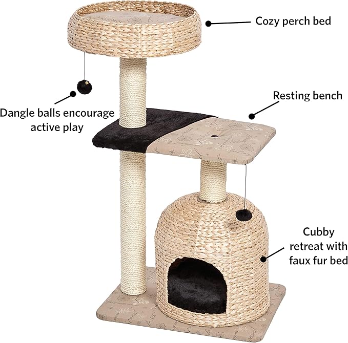 MidWest Homes for Pets Cat Tree | Nest Cat Furniture, 3-Tier Cat Activity Tree w/ Sisal Wrapped Support Scratching Posts & Dangle Play Balls, Woven Rattan & Script Medium Cat Tree
