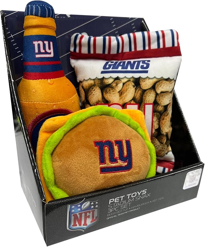 Pets First NFL New York Giants Football Stadium Snax Gift Boxset, Set of 3 Dog Toys with Inner Squeakers. Football Themed Dog Toys with NFL Team Logo