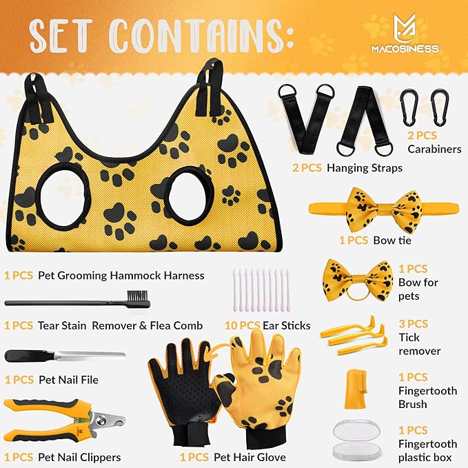 Pet Grooming Hammock for Nail Trimming - Complete Groomers Helper Set for Pet - Dog Grooming Hammock with Hook - Cat Nail Clipper - Dog Hammock for Nail Clipping (XS, Gold with black paws)