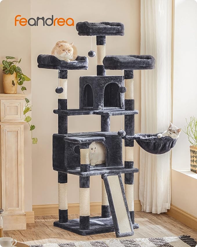 FEANDREA Cat Tree, Large Cat Tower, Cat Condo with Scratching Posts, Board, 2 Caves, 3 Plush Perches, Activity Center, 66.5 Inches, Smoky Gray UPCT019G01