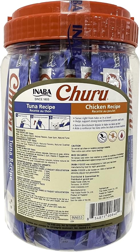 INABA Churu Cat Treats, Grain-Free, Lickable, Squeezable Creamy Purée Cat Treat/Topper, 25 Tuna & 25 Chicken