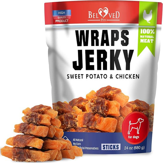 Sweet Potato Jerky Chicken Wraps - Dog Treats Human Grade - High Protein Meat - All Natural High Protein Dried Strips - Best Chews for Small & Large Dogs - Bulk Soft Pack Made for USA 24 Oz