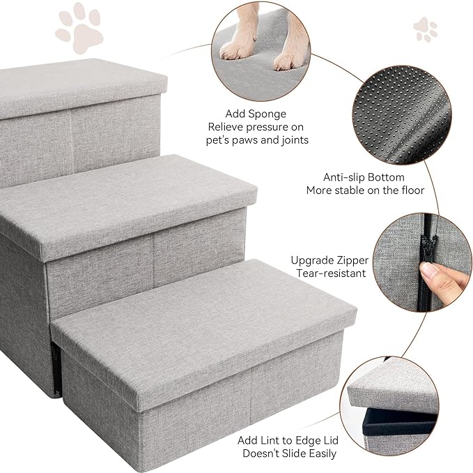 Dog Stairs, Dog Steps for High Beds 17.5"H, Folding Pet Stairs for Small Medium or Large Dogs Puppy with Storage for Bed and Couch, Dog Ramp for Car Hold Up to 200 lbs (Smok Grey, 3 Steps with Condo)