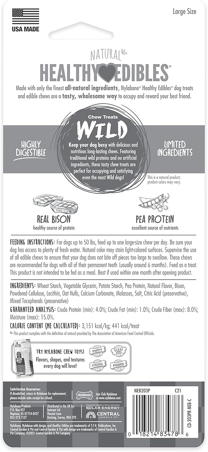 Nylabone Healthy Edibles WILD Natural Long-Lasting Bison Flavor Bone Chew Treats for Dogs, Large (1 Count)