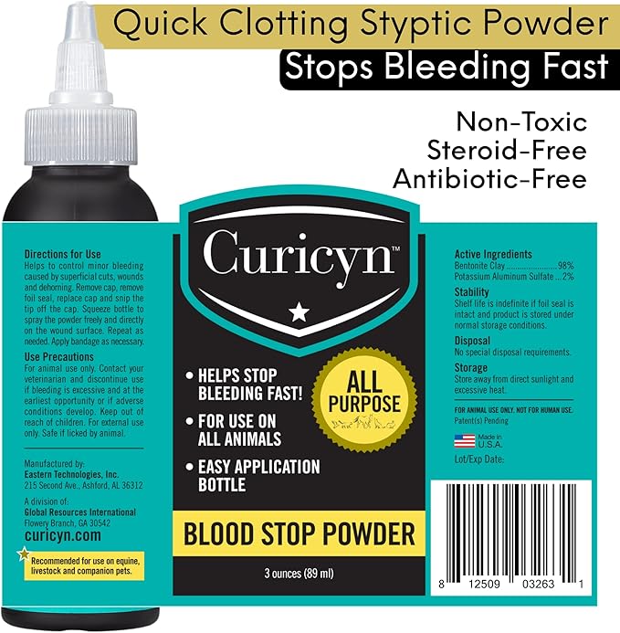 Blood Stop Powder (3 oz) - Quick Stop Bleeding for Dogs, Cats, Pigs, Horses and Pets – Styptic Powder for Dogs Nails and Minor to Severe External Wounds