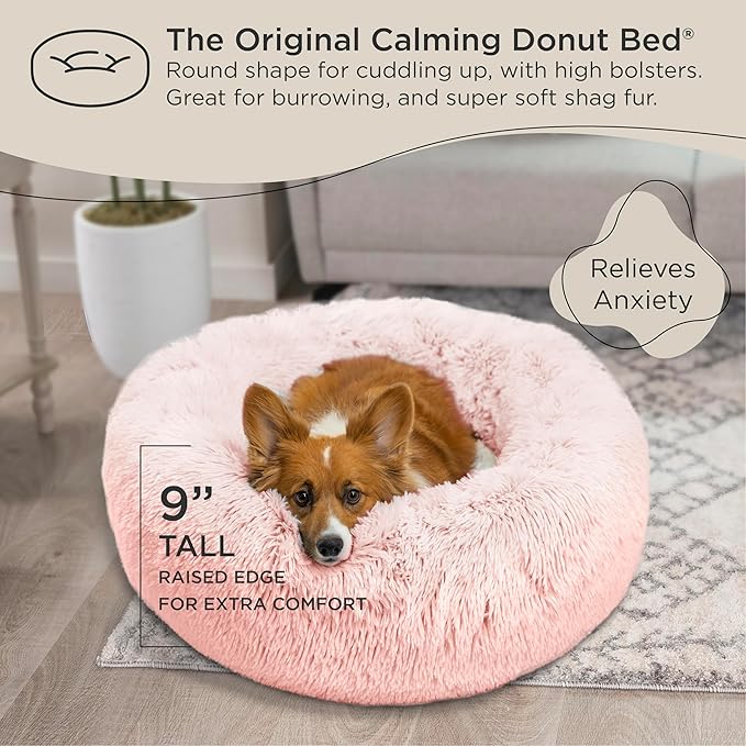 Best Friends by Sheri The Original Calming Donut Cat and Dog Bed in Shag Fur Cotton Candy Pink, Medium 30"