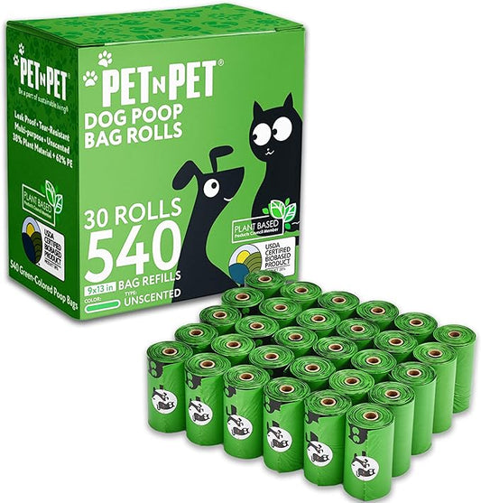Pet N Pet Poop Bags For Dogs 540 Counts, 38% Plant Based & 62% PE Dog Poop Bags Rolls, Unscented Dog Bags, Green Doggie Poop Bags, Dog Waste Bags, Cat Litter Bags, Cat Poop Bags, Pet Supplies for Dogs