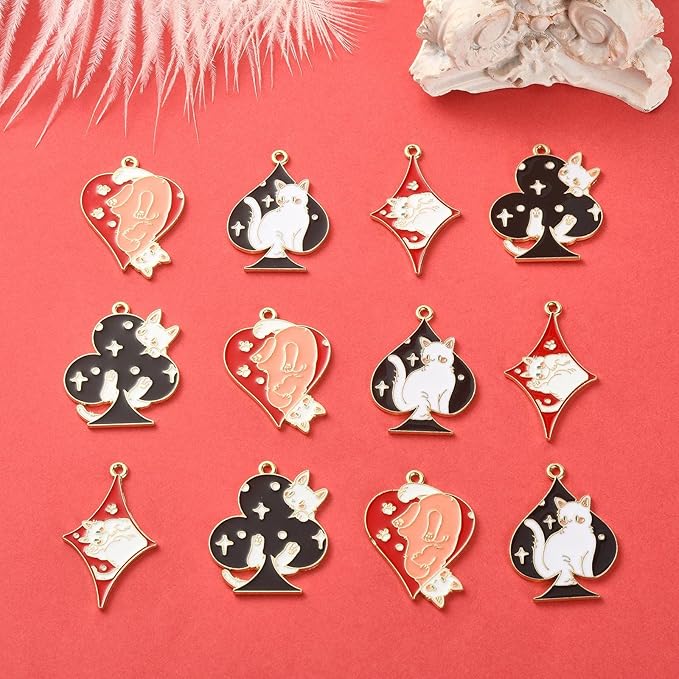 KitBeads 20pcs Enamel Cat Charms Mixed Colors Poker Kitten Charms Cartoon Pet Kitten Spade Diamond Club Heart Poker Charms for Jewelry Making