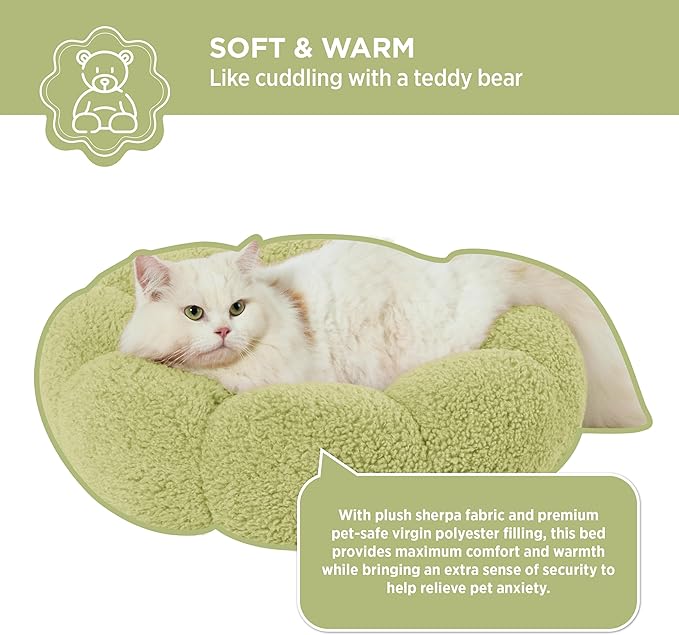 Lesure Calming Cat Beds for Indoor Cats - Cute Flower Pet Beds in Teddy Sherpa Plush, Donut Round Fluffy Puppy Bed, Non-Slip Extra Small Dog Bed Fits up to 15 lbs, Machine Washable, Green 20"