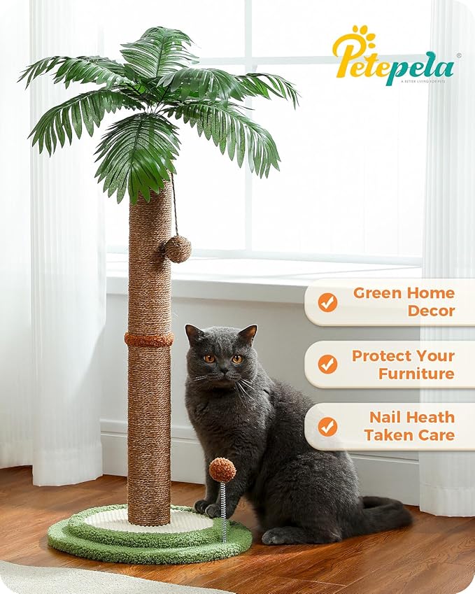 PETEPELA Cat Scratching Post, 33" Tall Cat Scratcher for Large Cats with Interactive Balls& 100% Sisal Covered Kitten Scratch Posts for Indoor Cats(Brown)