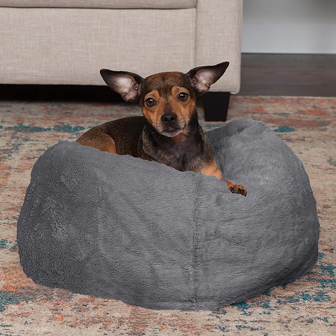 Furhaven Soft & Cozy Dog Bed for Small Dogs, Refillable w/ Removable Washable Cover & Liner, For Dogs Up to 20 lbs - Plush Faux Fur Bean Bag Style Ball Bed - Gray Mist, Small