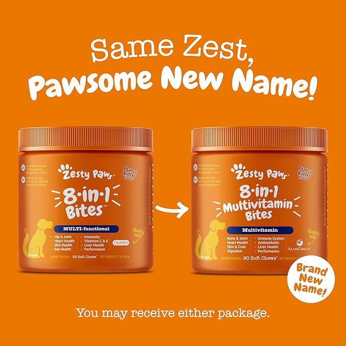 Zesty Paws Multivitamin Treats for Dogs - Glucosamine Chondroitin for Joint Support + Digestive Enzymes & Probiotics - Grain Free Vitamin for Skin & Coat + Immune Health - Peanut Butter Flavor - 90ct