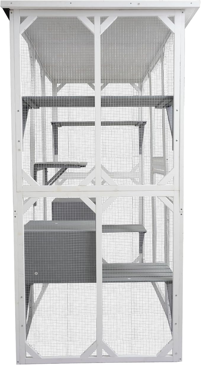 72 Inch Wooden Catio Outdoor Cat Enclosure on Wheels, Luxury Kitty-House with 8 Jumping Platforms & Weatherproof Asphalt Roof, Kitty Condo Cage Shelter Playpen with Sliding Doors