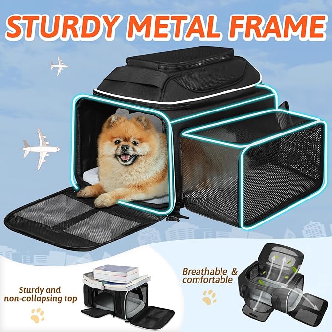 Top and Side Expandable Pet Carrier 17x11x9.5 Inches Alaska Airline Approved, Soft-Sided Carrier for Small Cats and Dogs with Locking Safety Zippers and Anti-Scratch Mesh(Black)